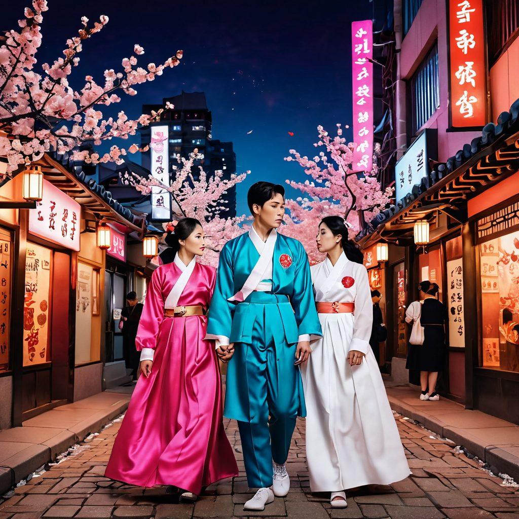 A vibrant collage illustrating the evolution of sexuality in Korea, featuring historical and modern elements such as traditional hanbok clothing, contemporary dating scenes in bustling cities, and symbols of romance like cherry blossoms and hearts. The background transitions from vintage hues to modern neon lights, showcasing the contrast between past and present. super-realistic. vibrant colors. dynamic composition.