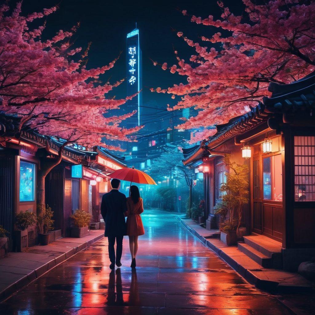 A captivating and artistic representation of a beautiful Korean cityscape at night, illuminated by colorful neon lights, with hints of traditional Korean architecture blending with modern elements. Soft silhouettes of couples enjoying intimate moments in a cozy, atmospheric setting, reflecting intimacy and connection. Include delicate cherry blossoms subtly falling in the foreground to symbolize romance. The overall mood should evoke a sense of sensuality and intrigue. vibrant colors. cyberpunk.