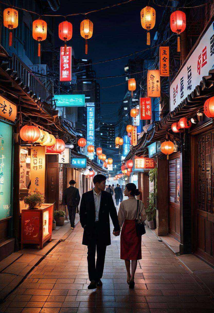 A vibrant night scene in a bustling Korean city, featuring an intimate street filled with neon signs highlighting various adult services. Capture the essence of eroticism with elegantly dressed couples conversing and laughing, while traditional Korean lanterns add a warm glow. A backdrop of sleek modern buildings contrasts with classic architecture, symbolizing the blend of tradition and modernity. The atmosphere is lively and inviting, encouraging exploration and connection. super-realistic. vibrant colors. urban setting.